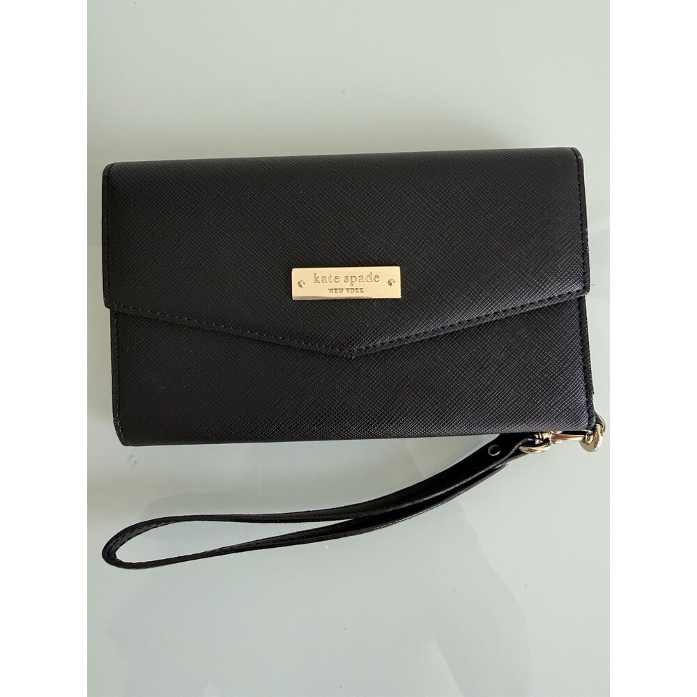Kate Spade New York Black Saffiano Leather Wristlet Wallet Gold Tone Logo